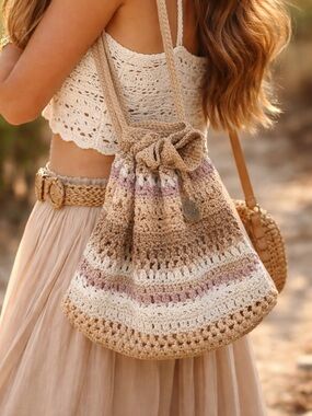 The Sak | Boho Janet Crochet Drawstring Shoulder Bag Neutral Stripes | AS IS